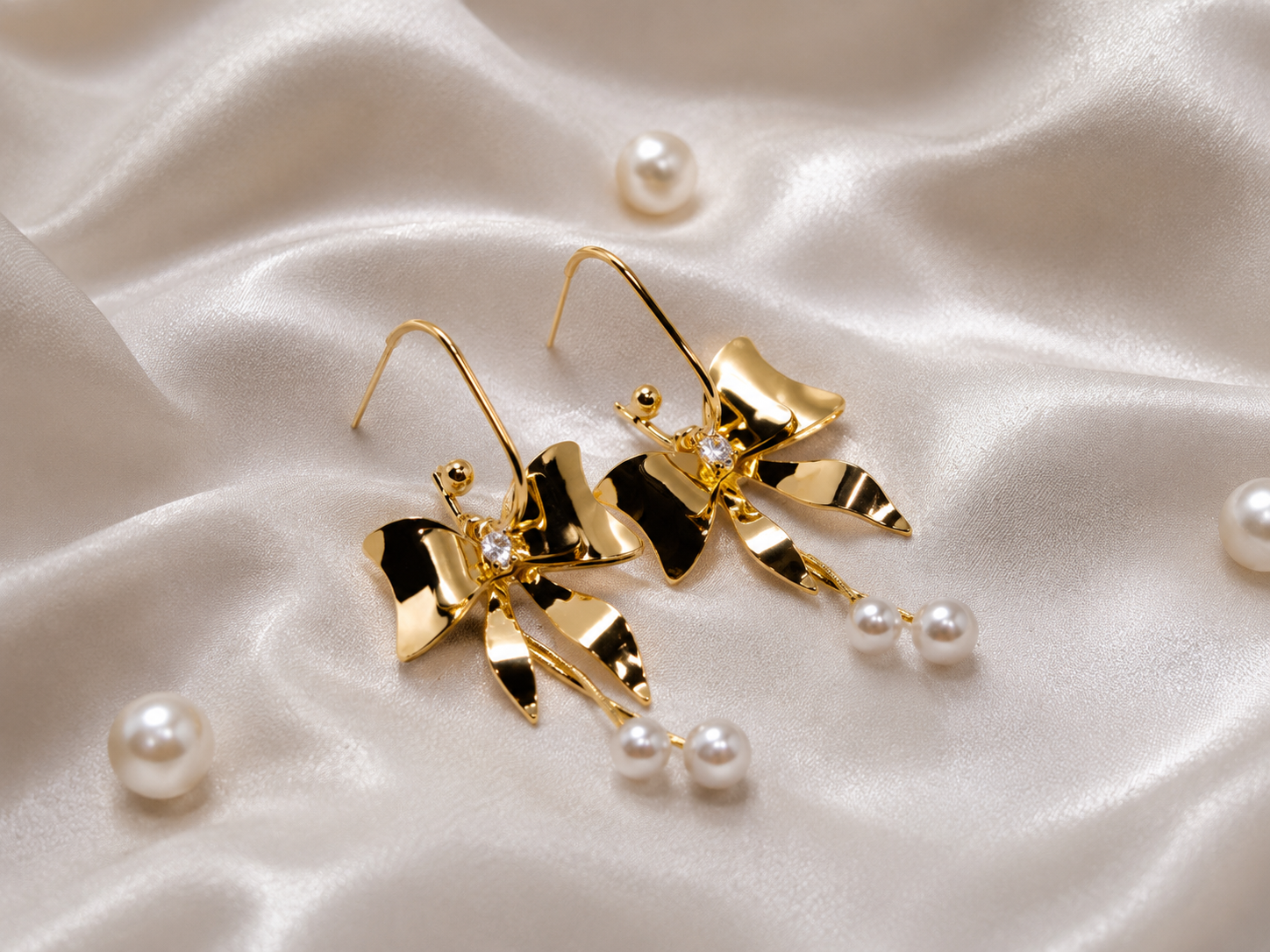 Golden Bow Pearl Drop Earrings