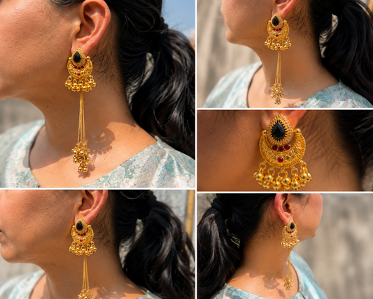 Black Stone Tassel Chandbali Earrings