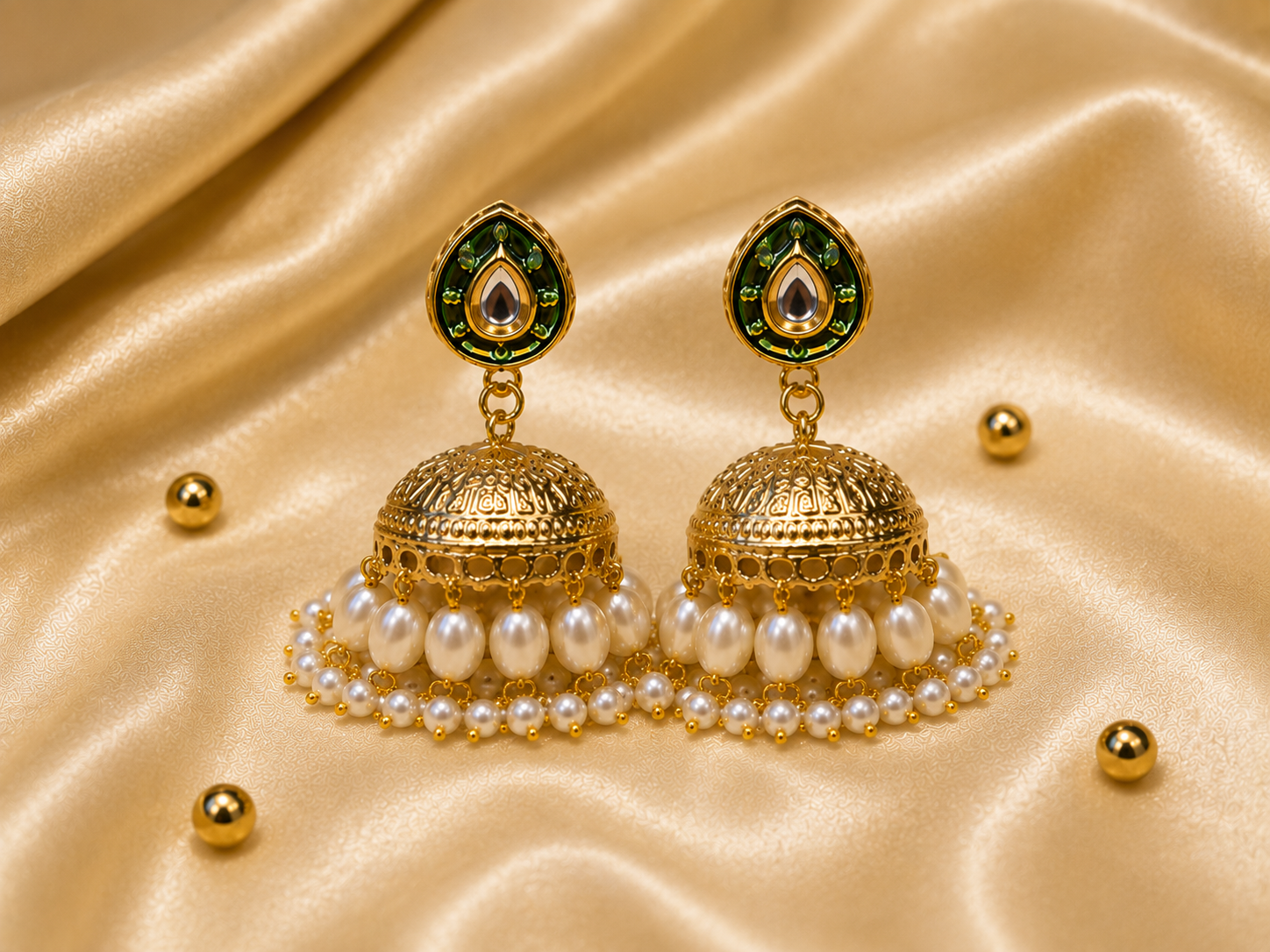 Emerald Pearl Jhumka Earrings