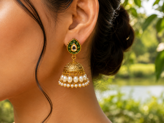 Emerald Pearl Jhumka Earrings