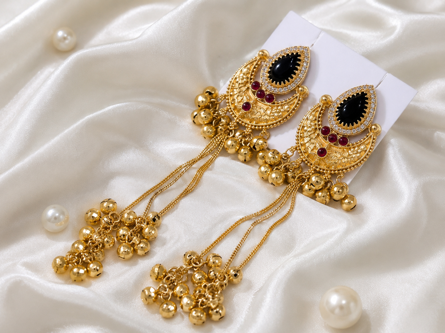 Black Stone Tassel Chandbali Earrings