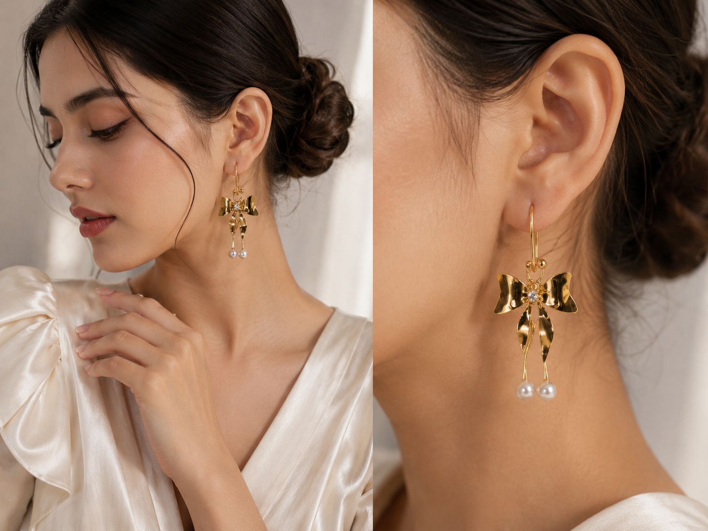 Golden Bow Pearl Drop Earrings